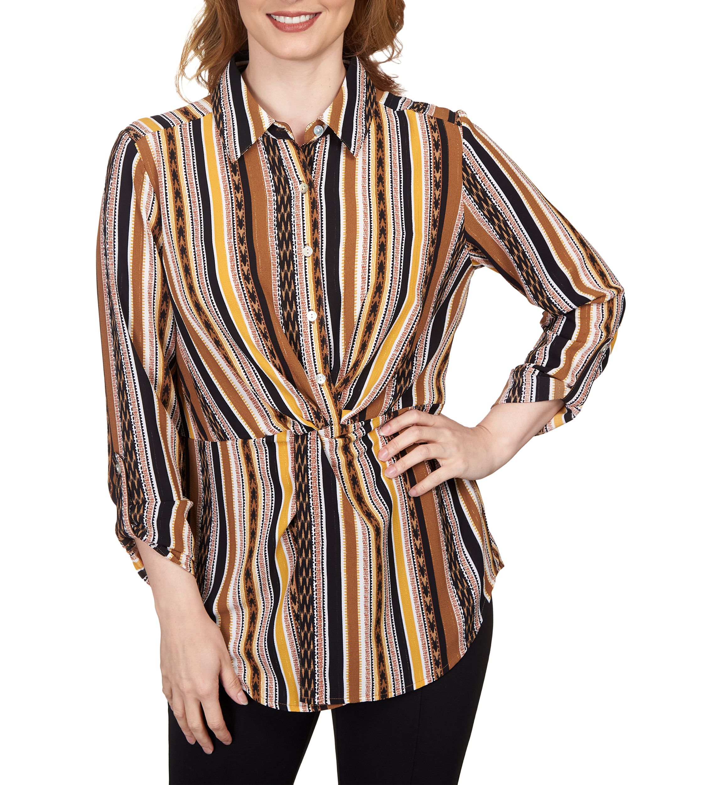 Womens Split Button Mixed Stripe Top