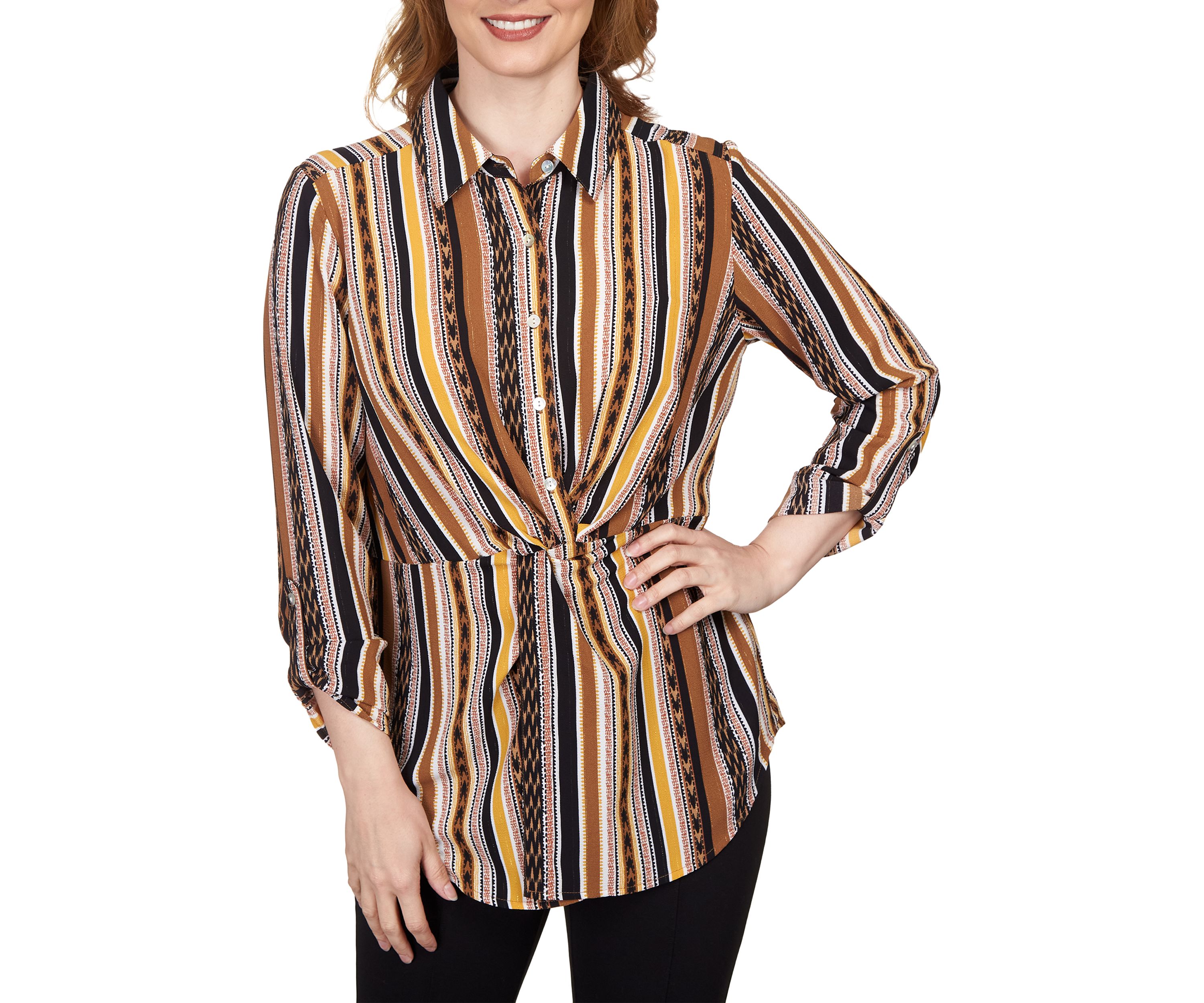 Womens Split Button Mixed Stripe Top