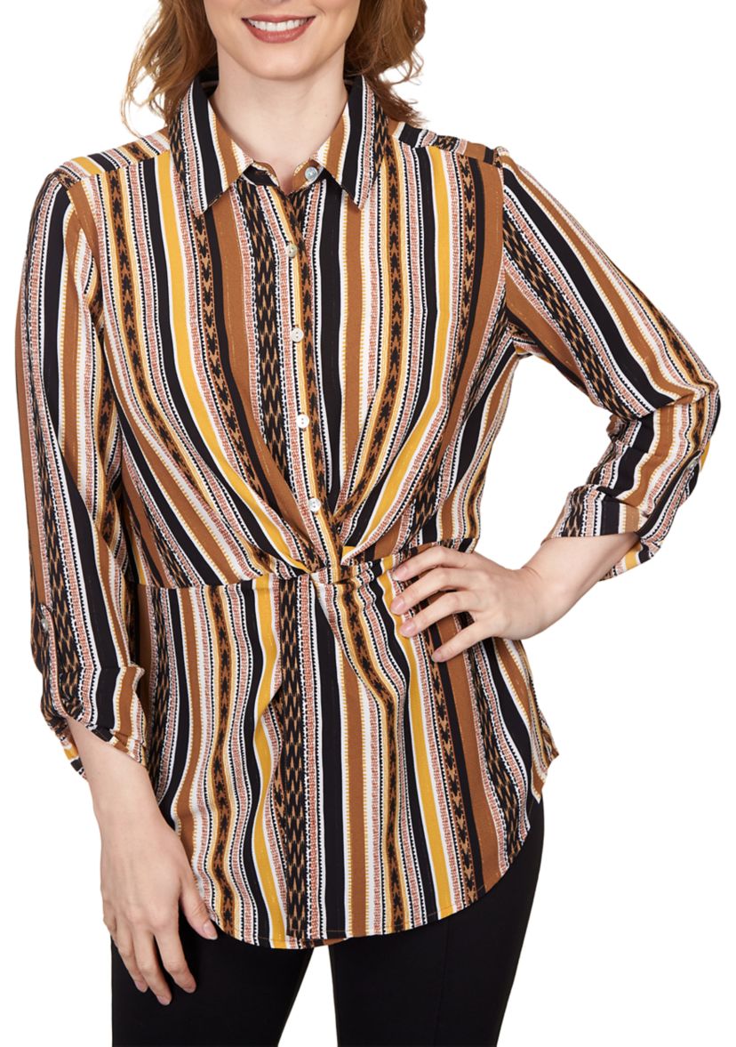 Womens Split Button Mixed Stripe Top