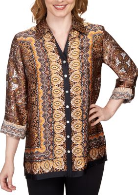 Women's Chestnut Button Front Scarf Print Top