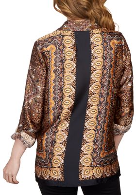 Women's Chestnut Button Front Scarf Print Top