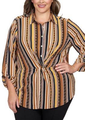 Plus Split Button Mixed Stripe Top