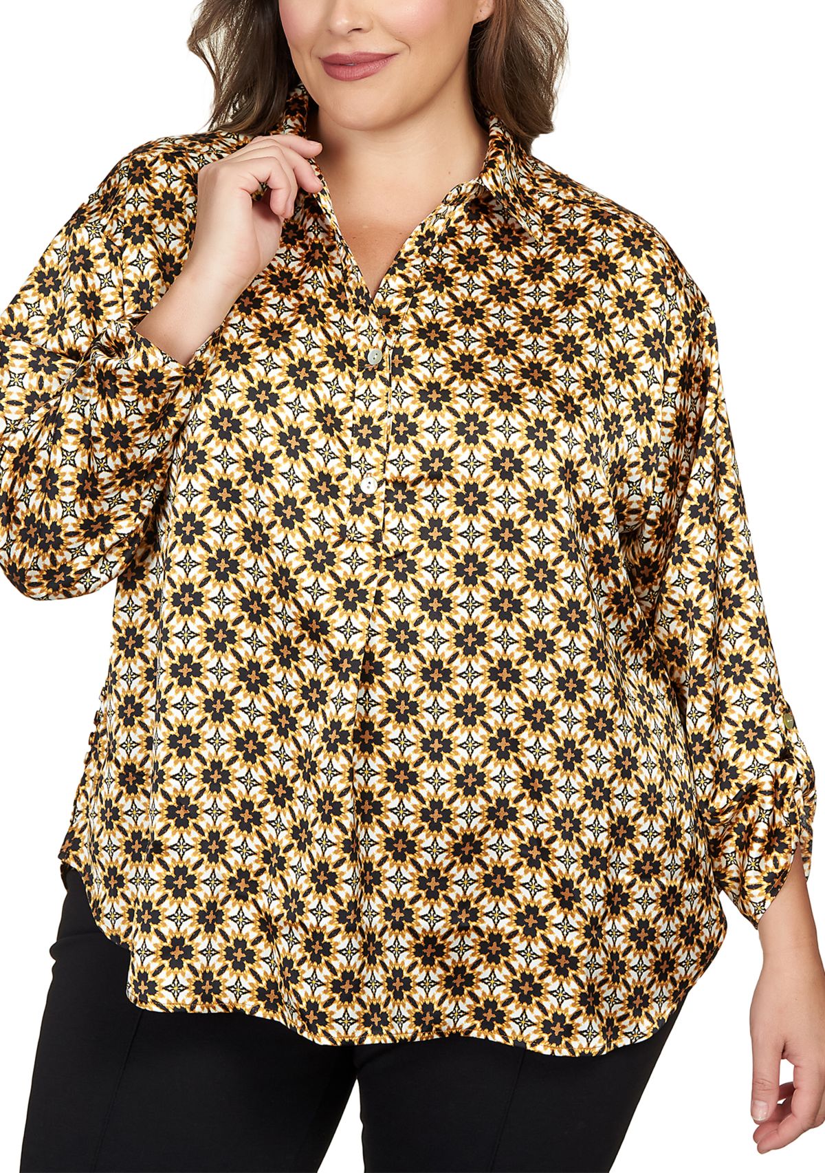 Plus Size Silky Spotted Geo Printed Split Button Top