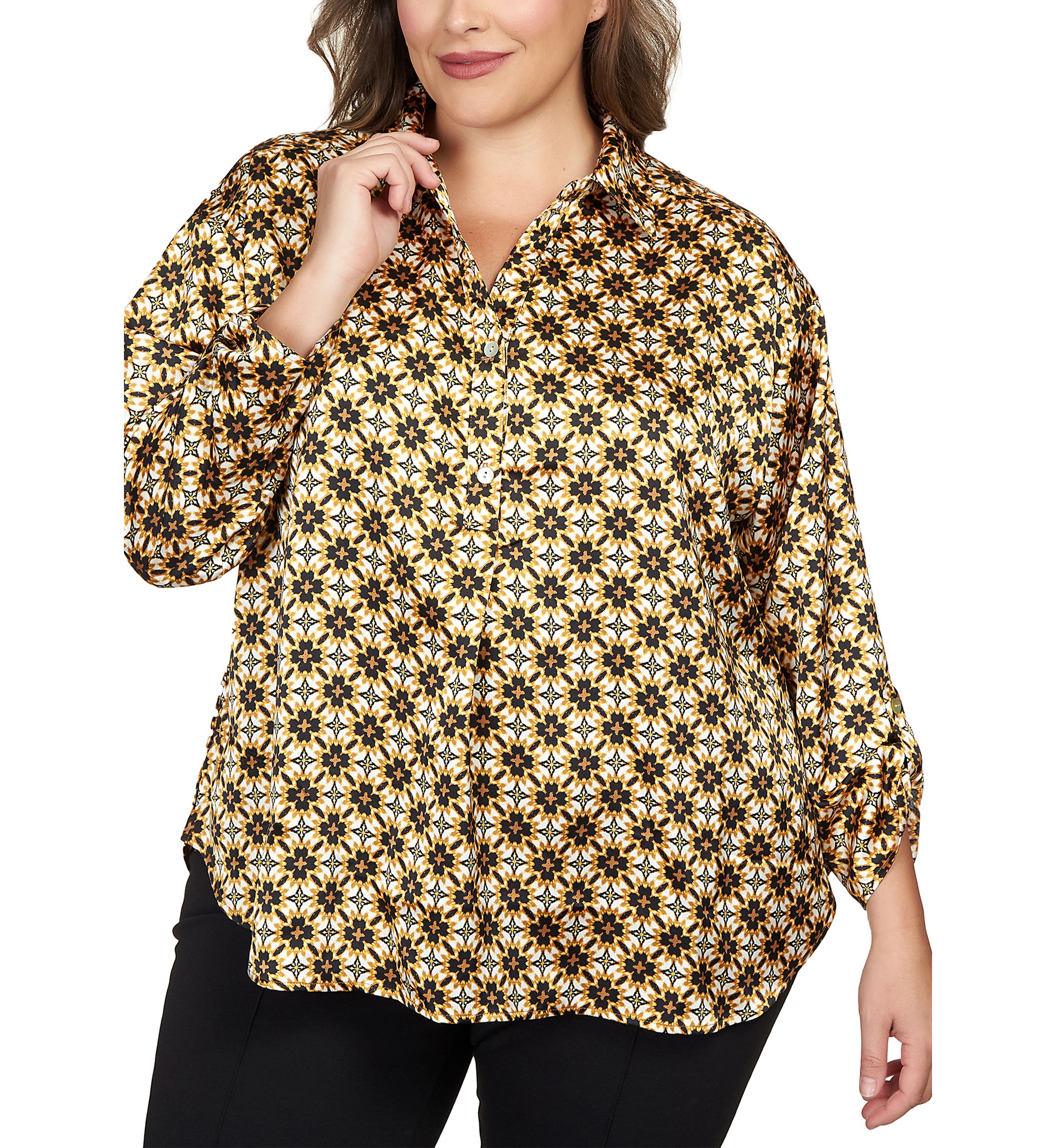 Plus Size Silky Spotted Geo Printed Split Button Top