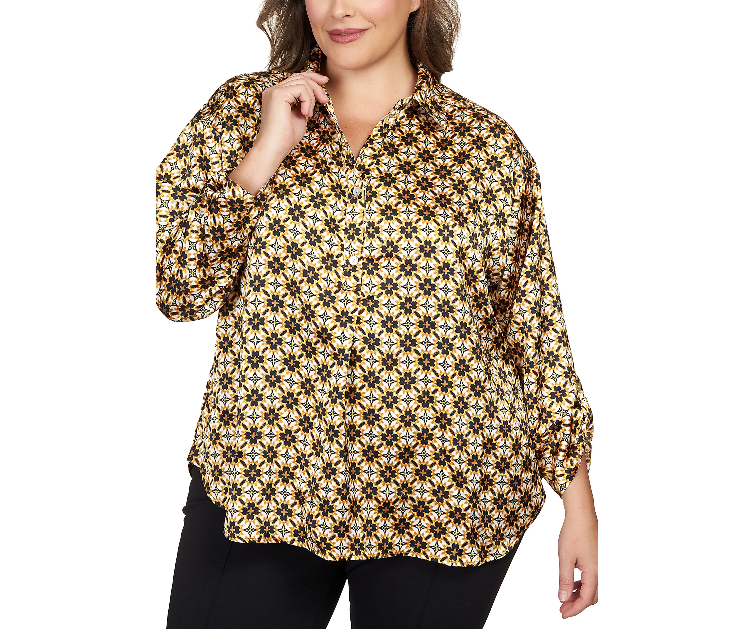 Plus Size Silky Spotted Geo Printed Split Button Top