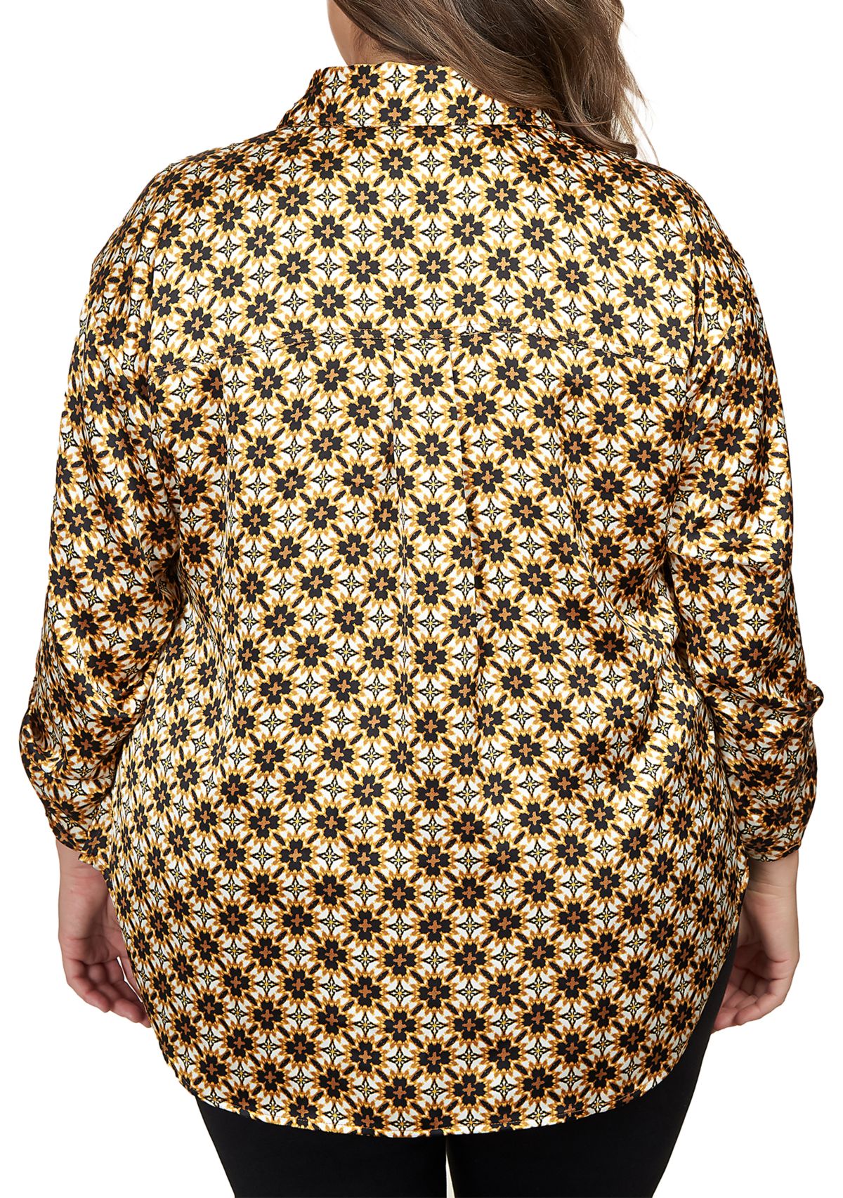 Plus Size Silky Spotted Geo Printed Split Button Top