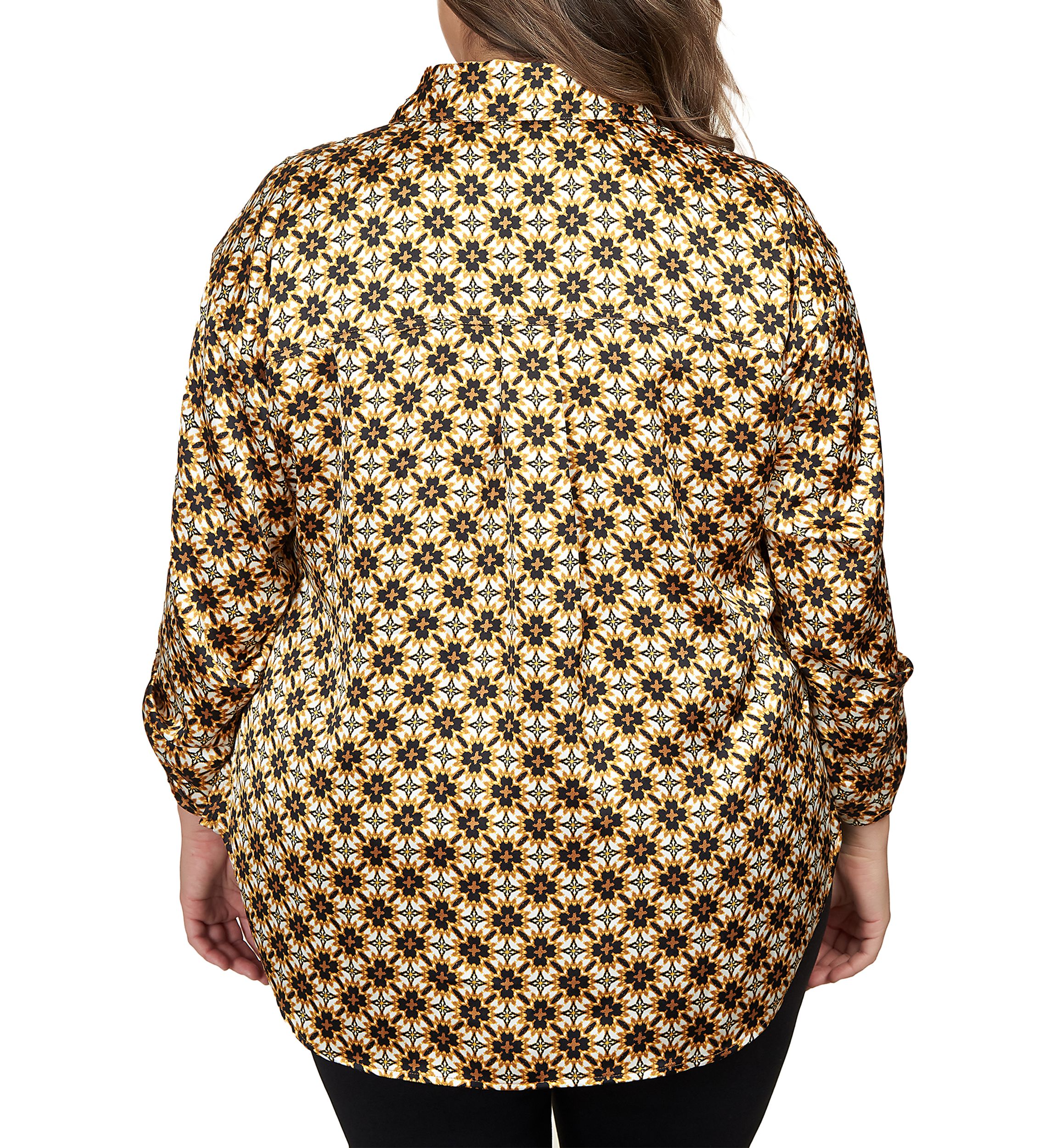 Plus Size Silky Spotted Geo Printed Split Button Top