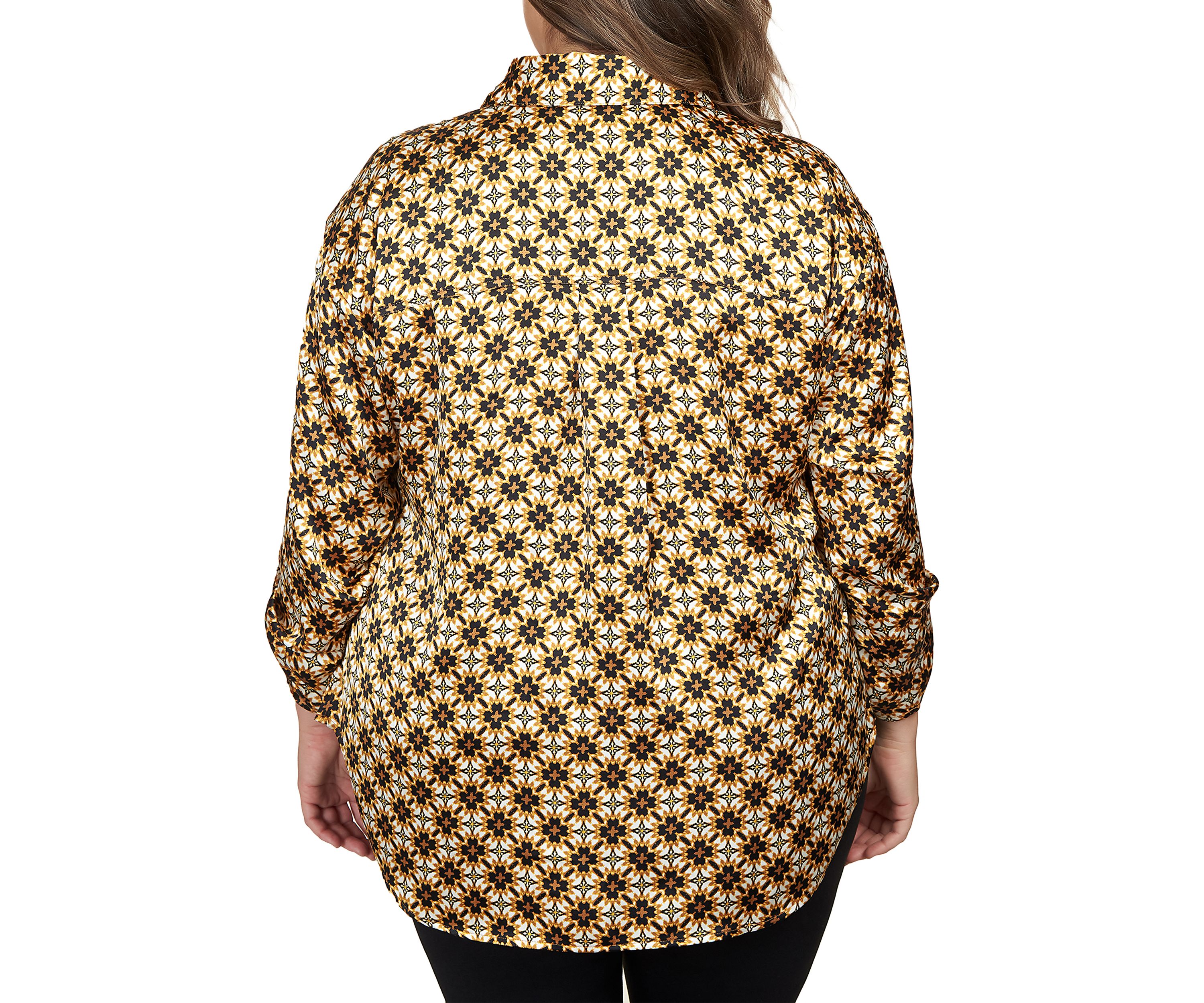 Plus Size Silky Spotted Geo Printed Split Button Top