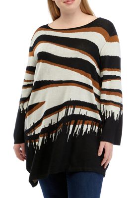 Ruby Rd Women's Plus Size Asymmetrical Zebra Print Pullover Sweater, 3X