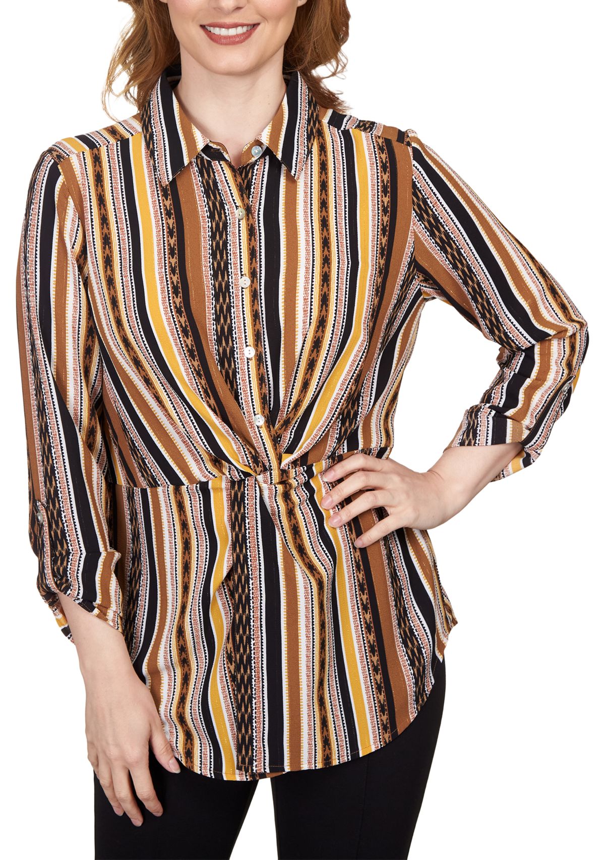Ruby Rd Petite Split Button Mixed Stripe Top | Belk