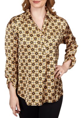 Ruby Rd Women's Petite Silky Spotted Geo Printed Split Button Top