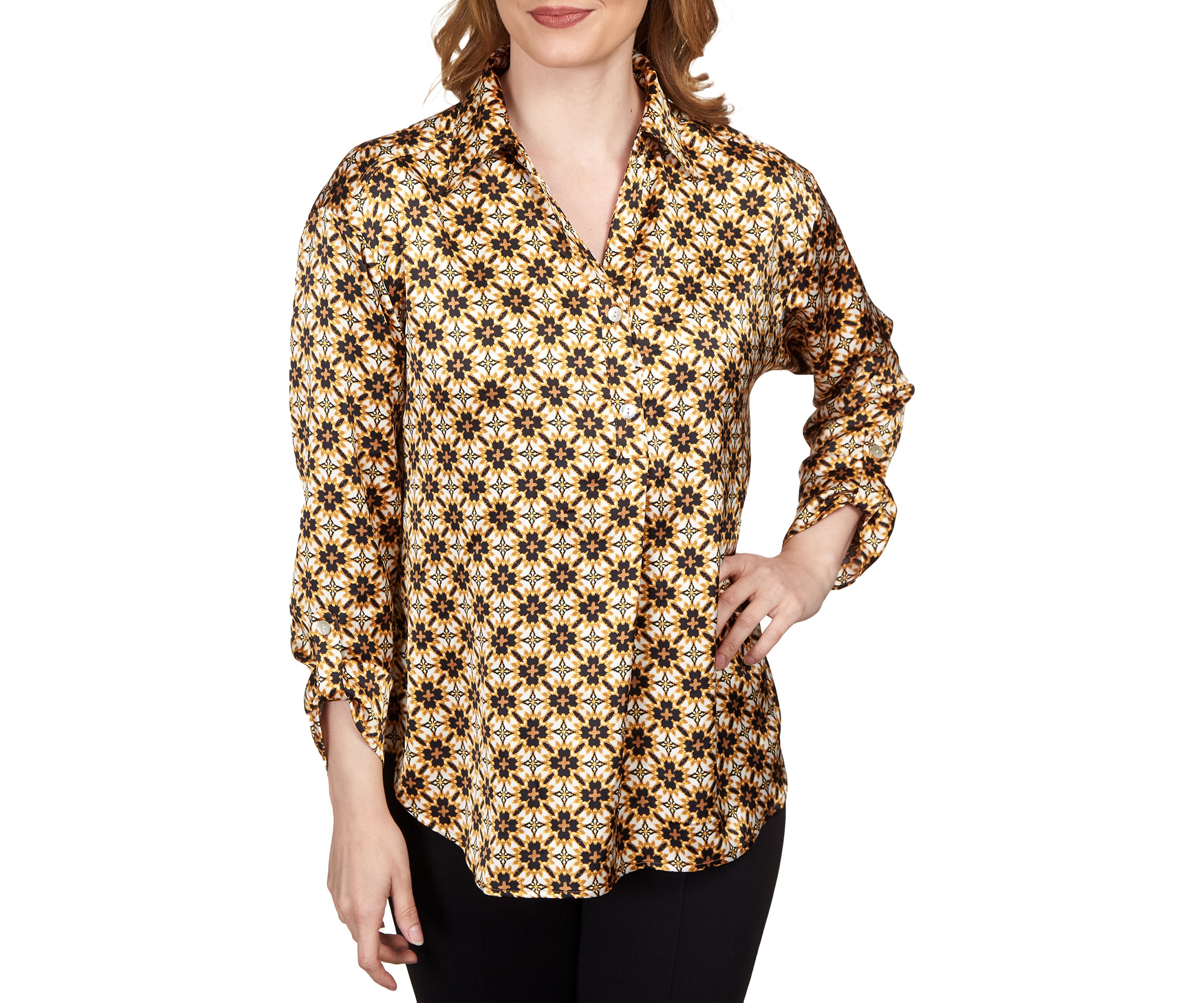 Petite Silky Spotted Geo Printed Split Button Top