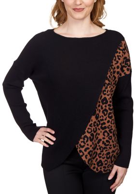 Petite Color Block Leopard Print Wrap Sweater