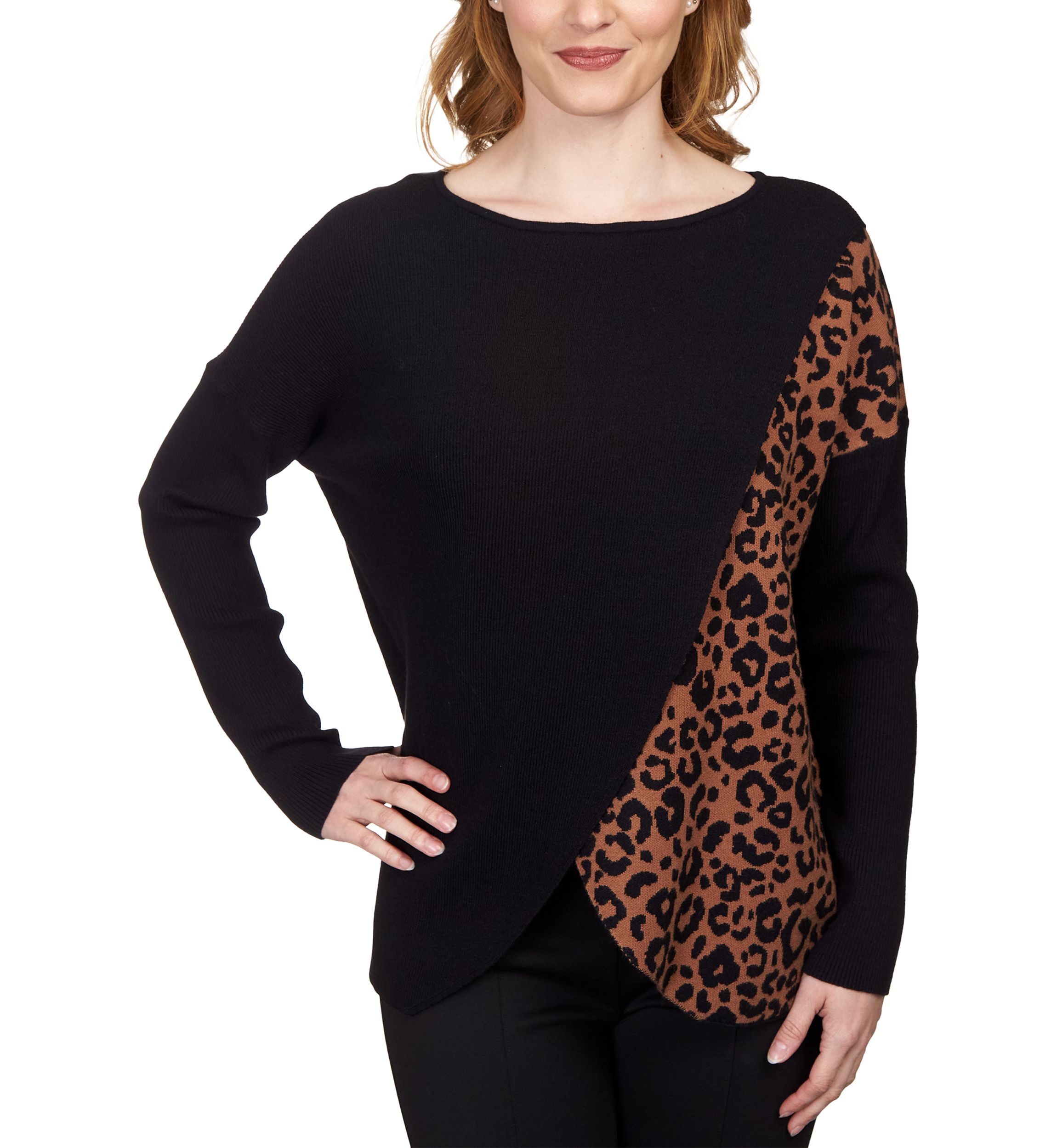 Petite Color Block Leopard Print Wrap Sweater
