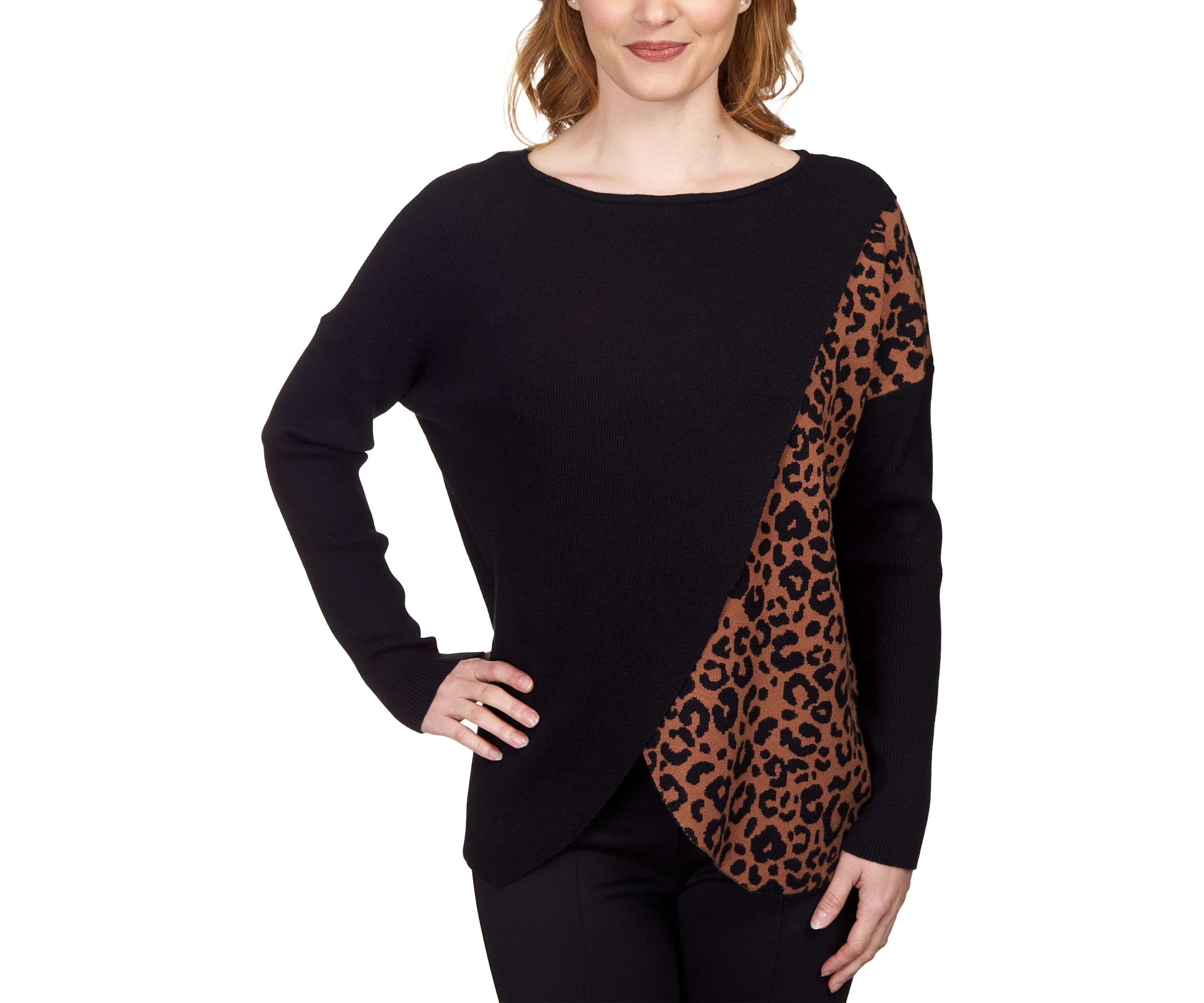 Petite Color Block Leopard Print Wrap Sweater
