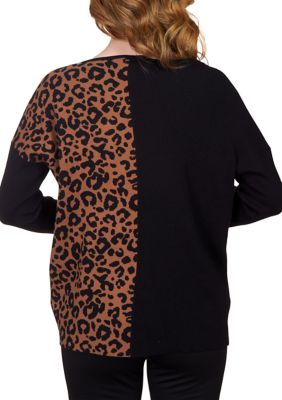 Petite Color Block Leopard Print Wrap Sweater