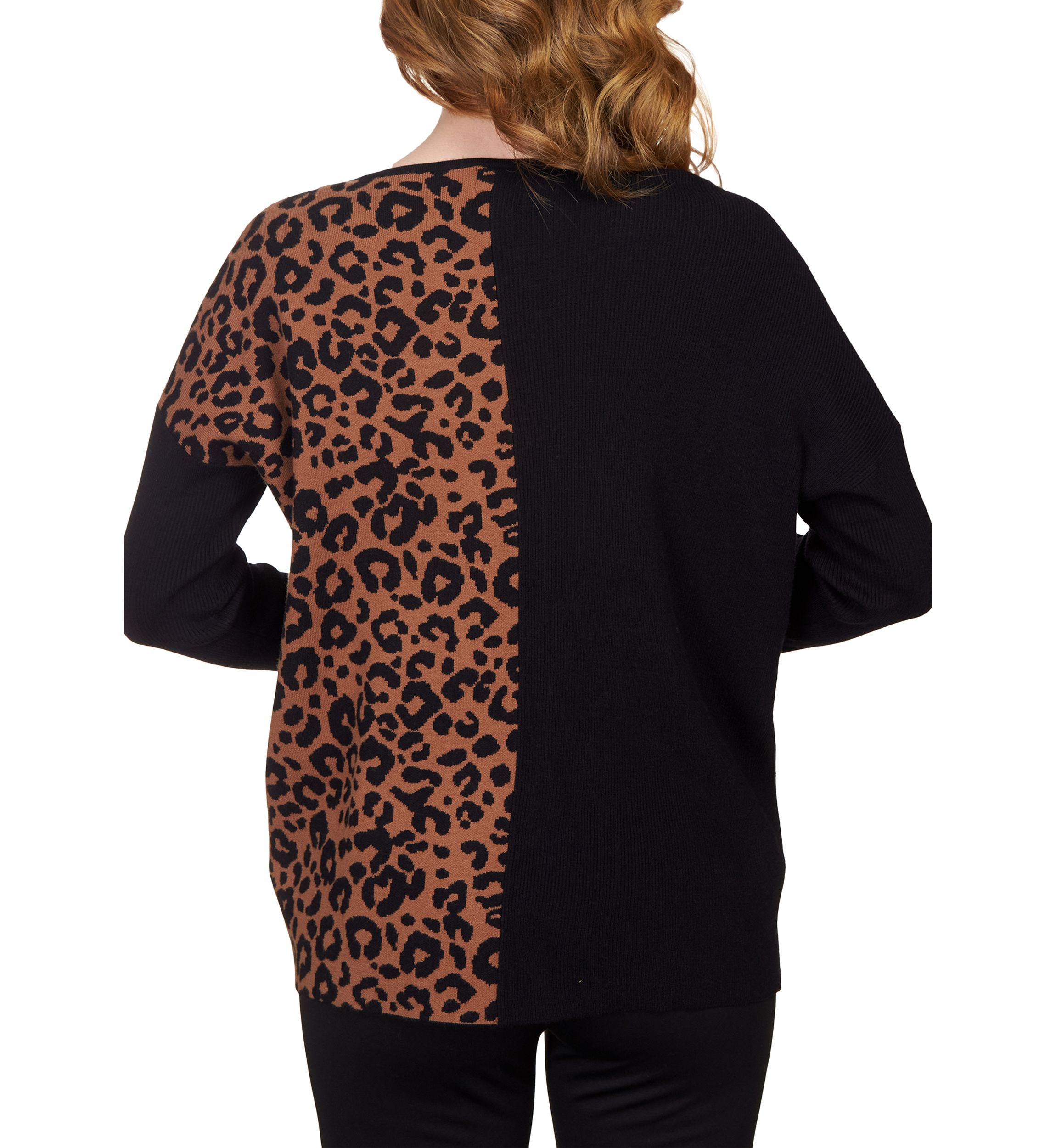 Petite Color Block Leopard Print Wrap Sweater