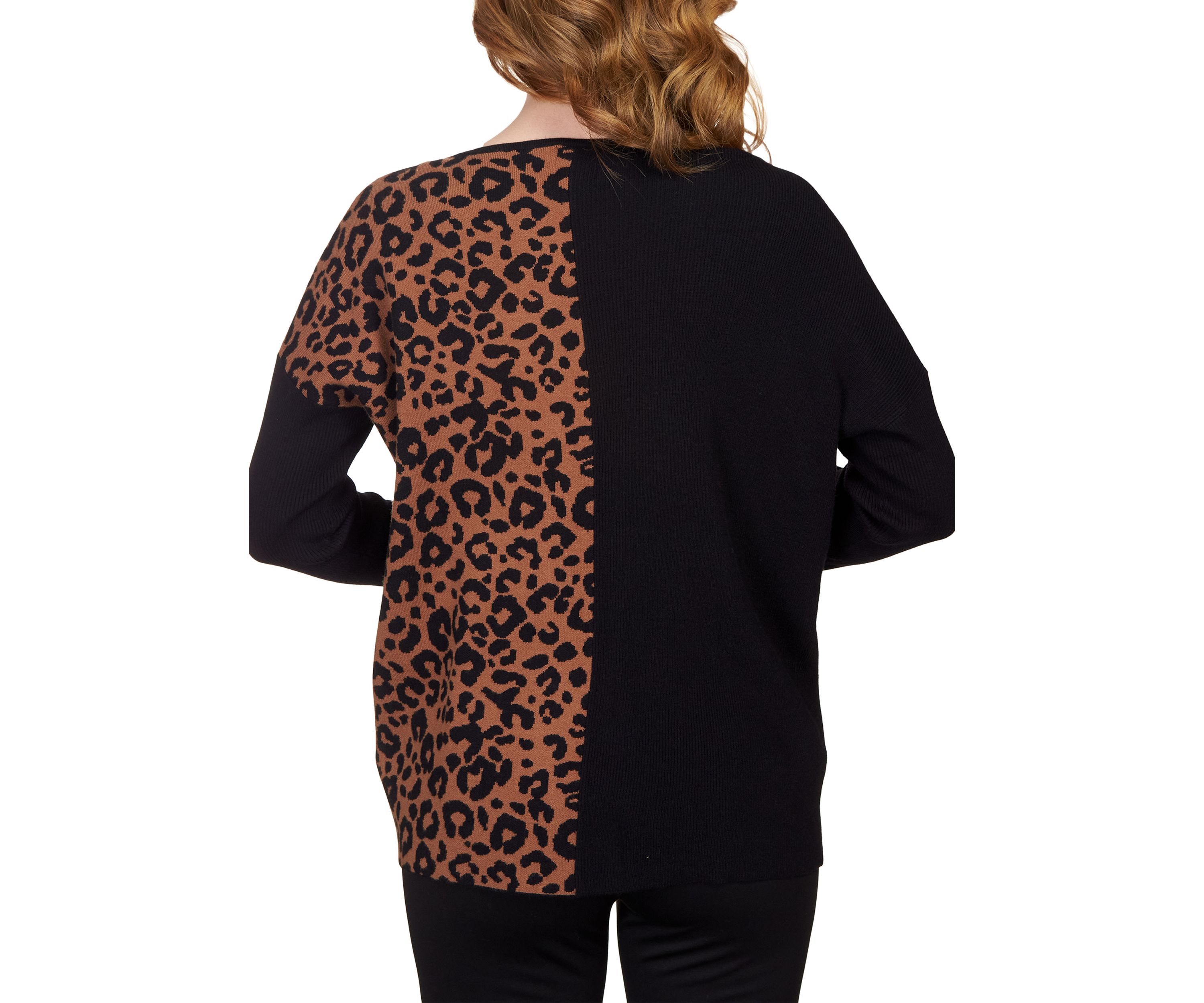 Petite Color Block Leopard Print Wrap Sweater