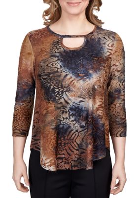 Petite Tie Dye Animal Print Keyhole Neck Top