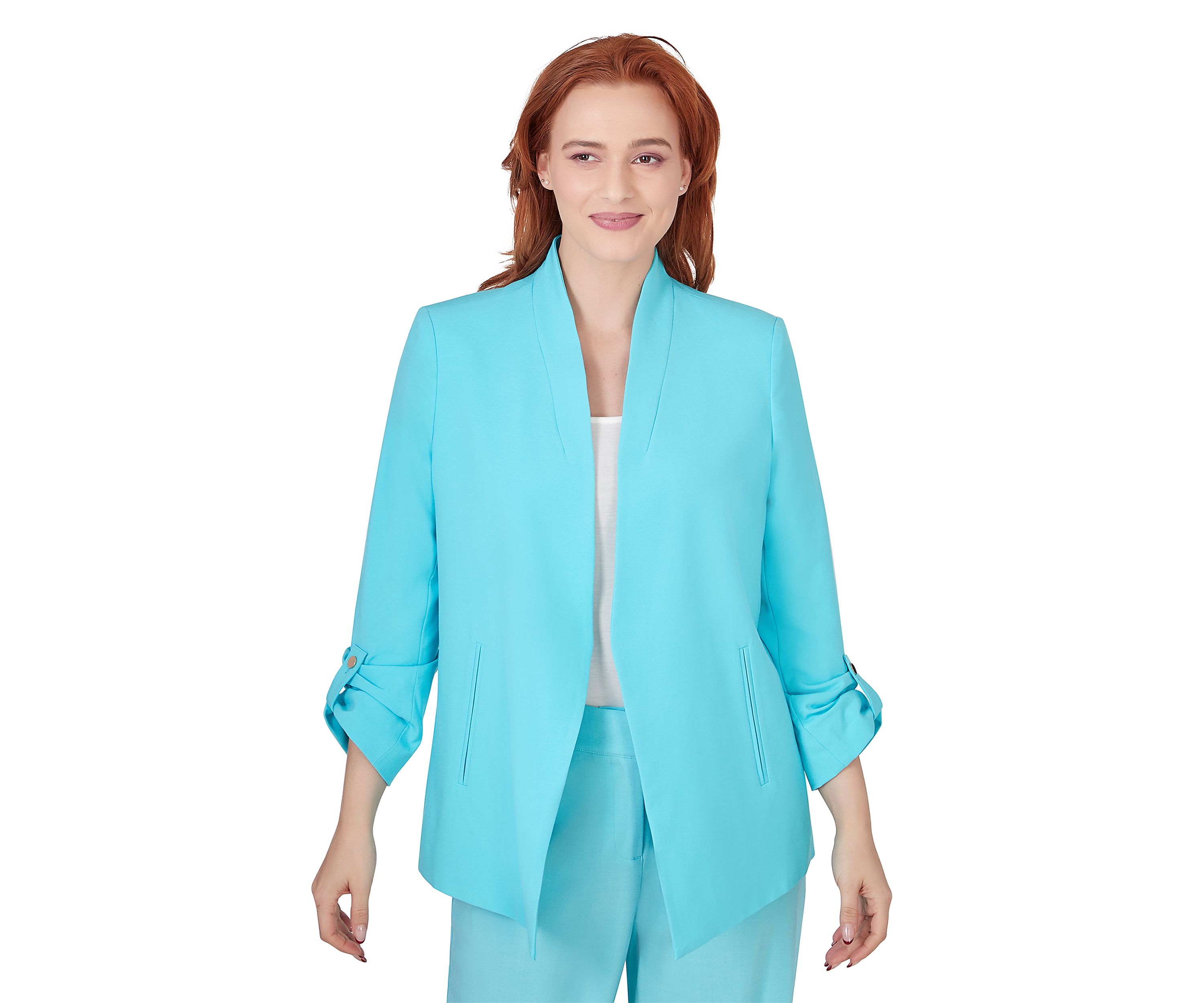 Womens Open Blazer with Roll Tab Sleeves and Pockets Featuring Inner Beauty Lining