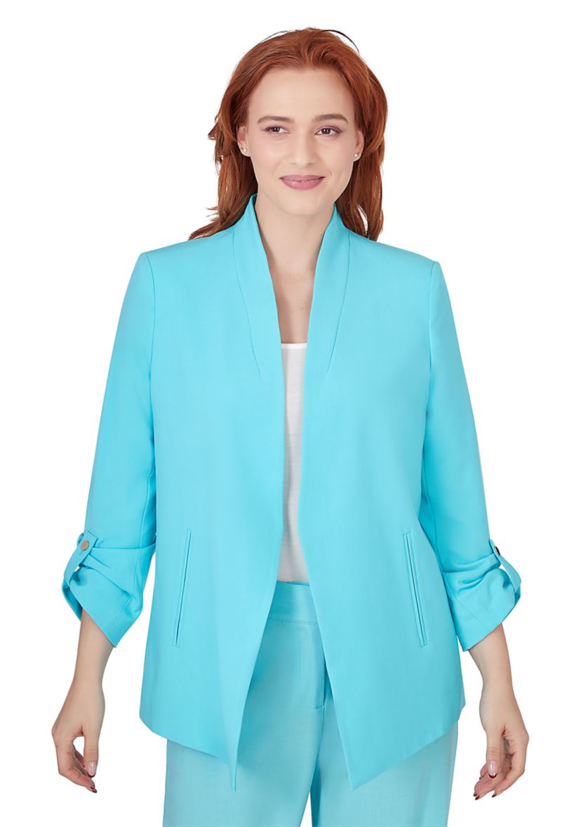 Womens Open Blazer with Roll Tab Sleeves and Pockets Featuring Inner Beauty Lining