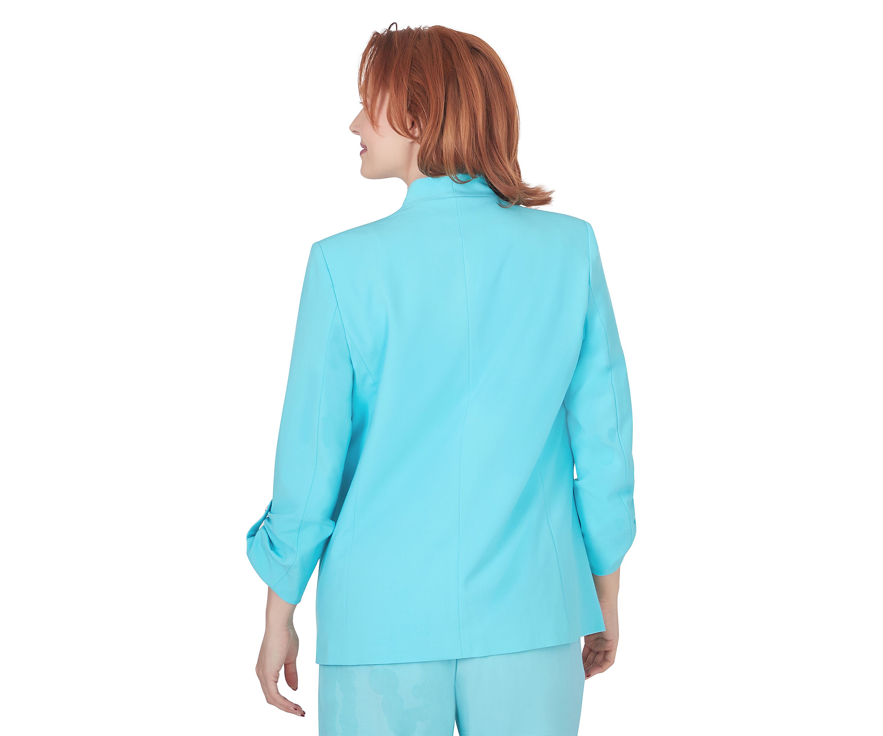 Womens Open Blazer with Roll Tab Sleeves and Pockets Featuring Inner Beauty Lining
