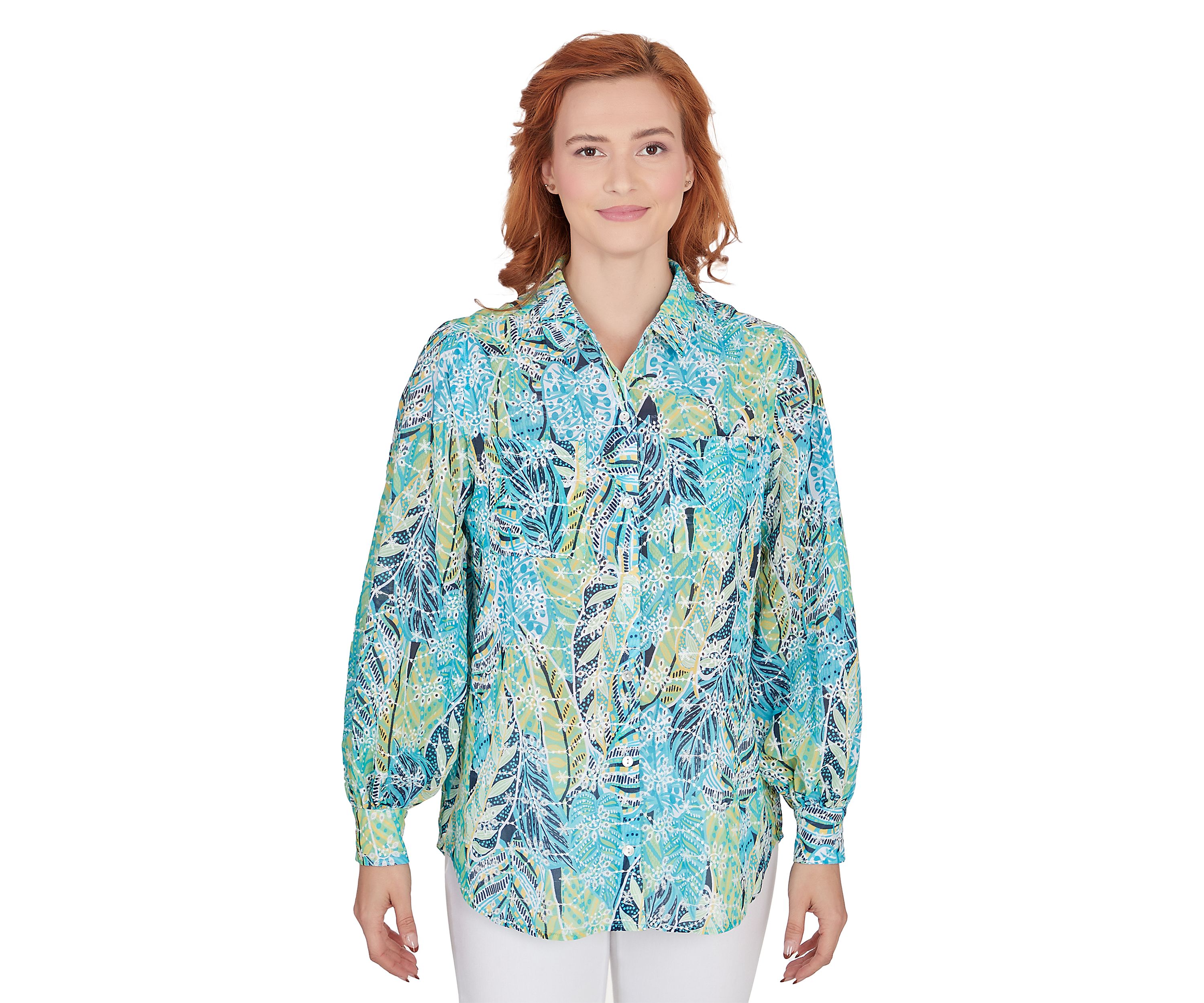 Womens Button Front Shirt Collar Mixed Foliage Printed Chiffon Eyelet Blouse with Embroidery
