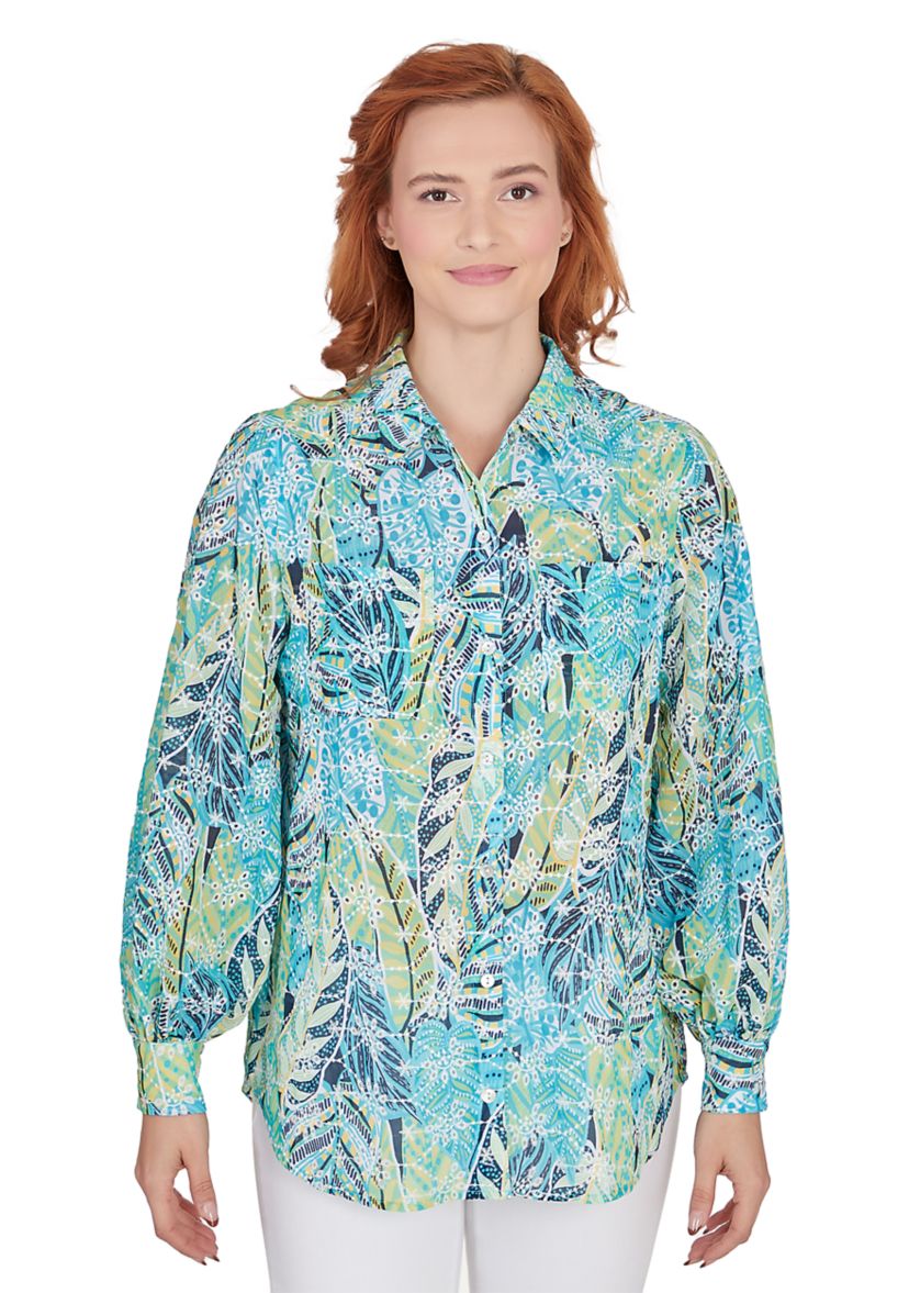 Womens Button Front Shirt Collar Mixed Foliage Printed Chiffon Eyelet Blouse with Embroidery