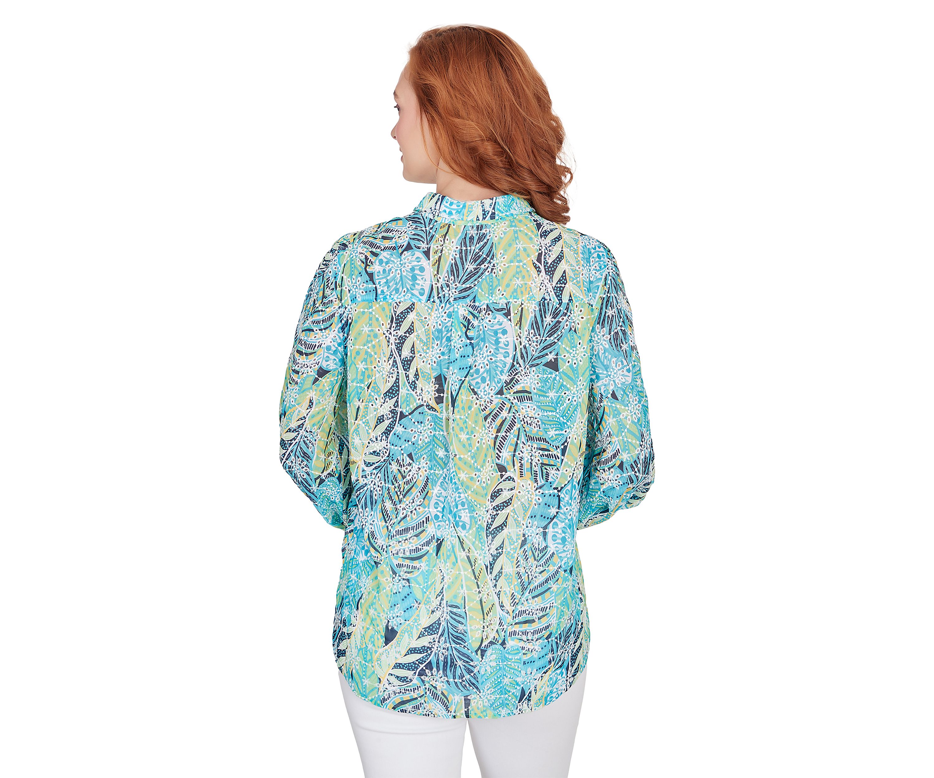 Womens Button Front Shirt Collar Mixed Foliage Printed Chiffon Eyelet Blouse with Embroidery