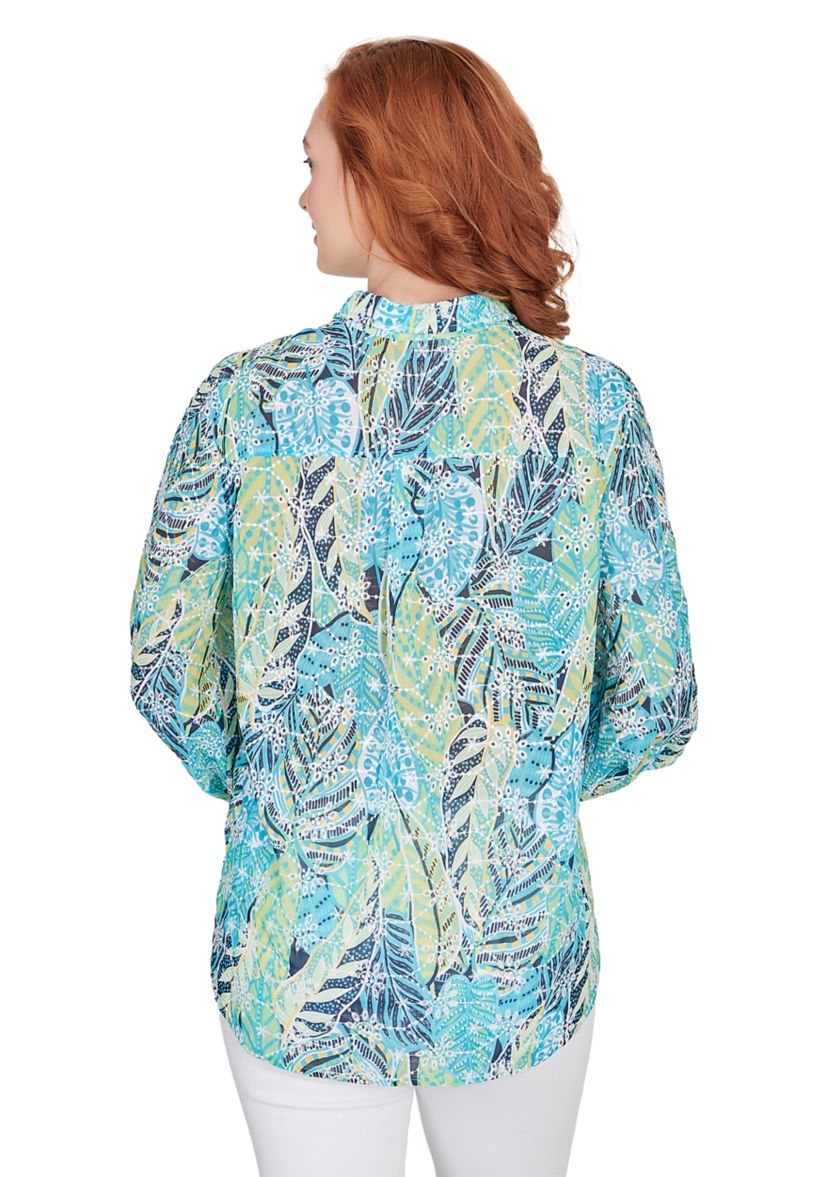 Womens Button Front Shirt Collar Mixed Foliage Printed Chiffon Eyelet Blouse with Embroidery