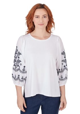 Women's Scoop Neck Solid Knit Top with Embroidered Cotton Lawn Lantern Sleeves