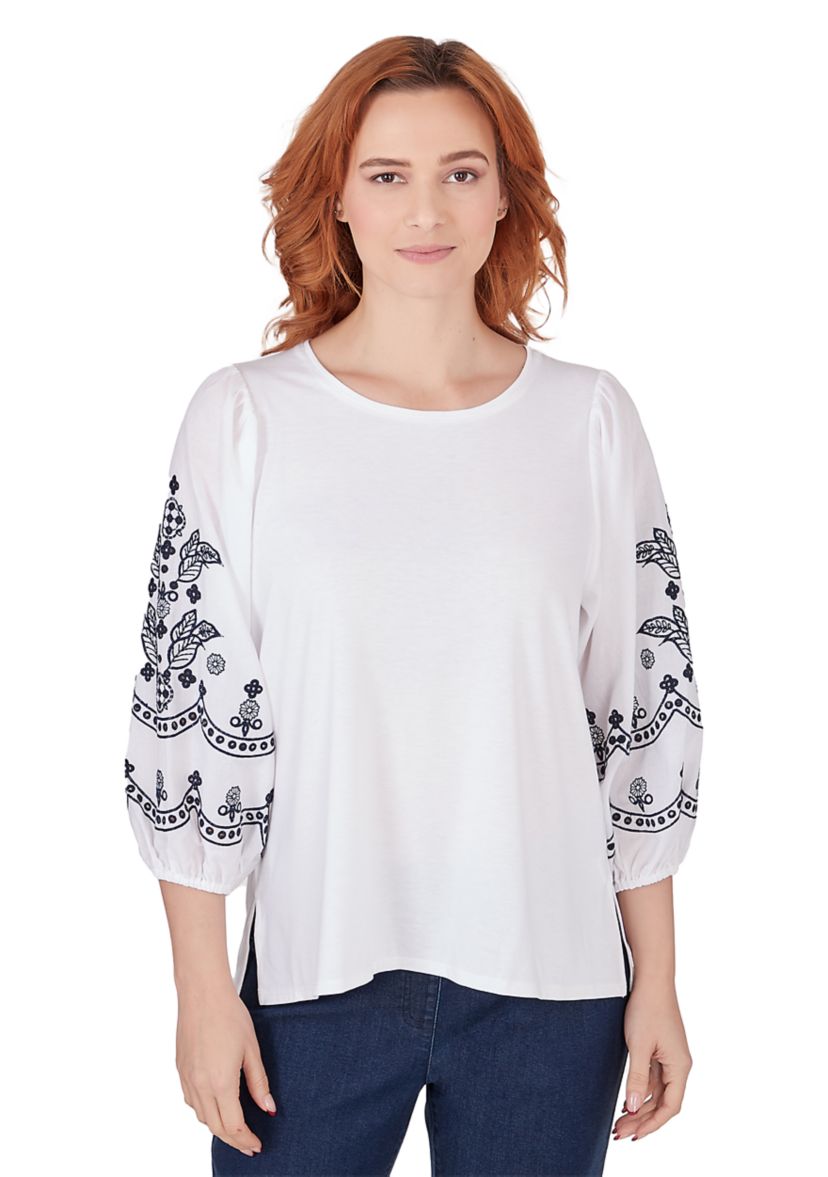 Womens Scoop Neck Solid Knit Top with Embroidered Cotton Lawn Lantern Sleeves