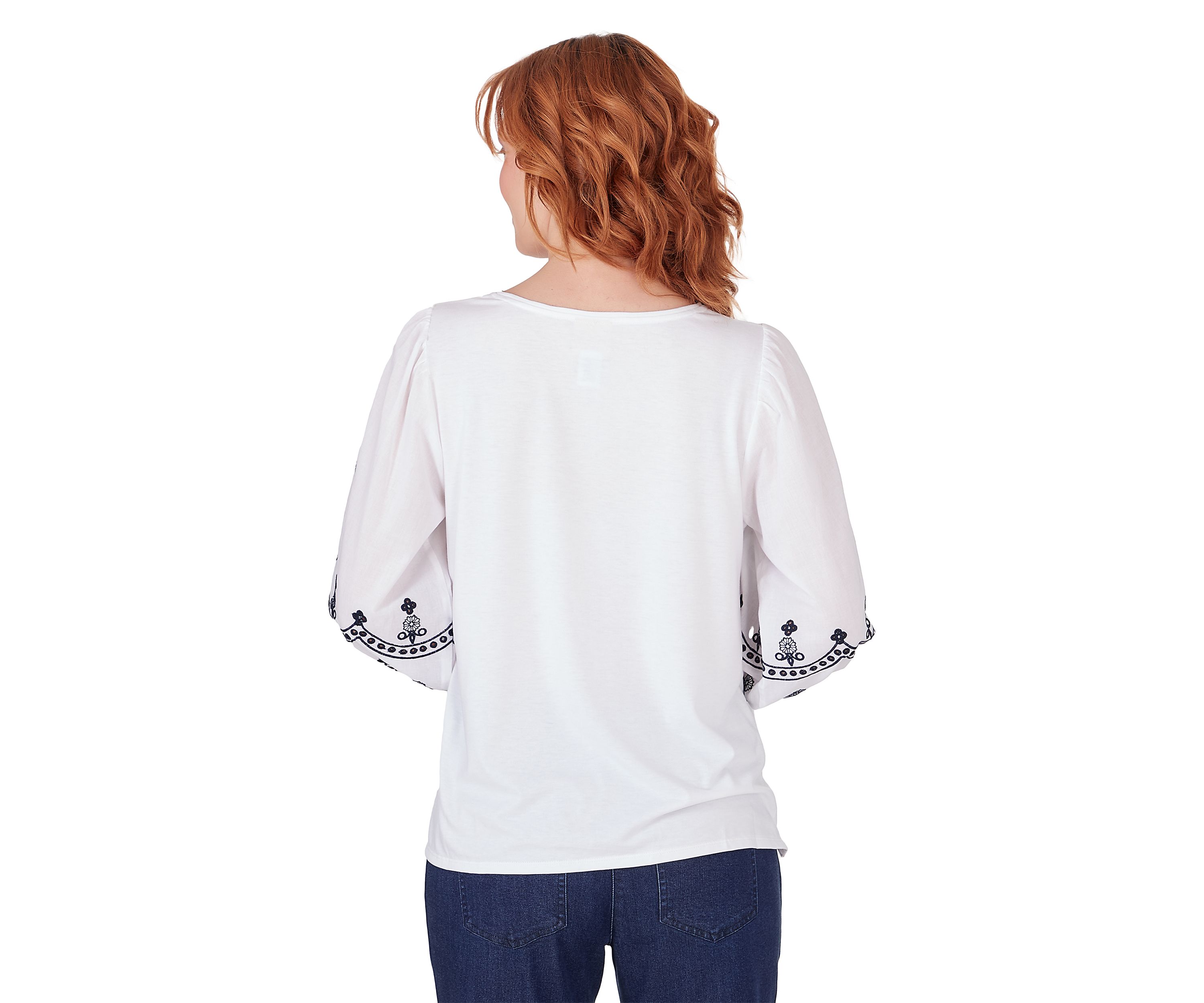 Womens Scoop Neck Solid Knit Top with Embroidered Cotton Lawn Lantern Sleeves