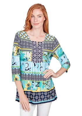 Ruby Rd Women's Scoop Neck Mixed Tropical Border Puff Print Shark Bite ...