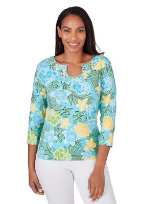 Women's Embellished Horseshoe Neck Floral Print Cotton Top