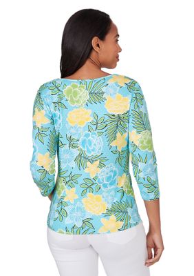 Women's Embellished Horseshoe Neck Floral Print Cotton Top