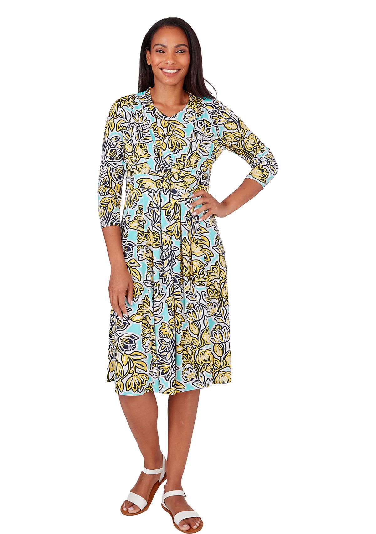 Womens V-Neck Floral Trellis Print Knit Shirt Dress