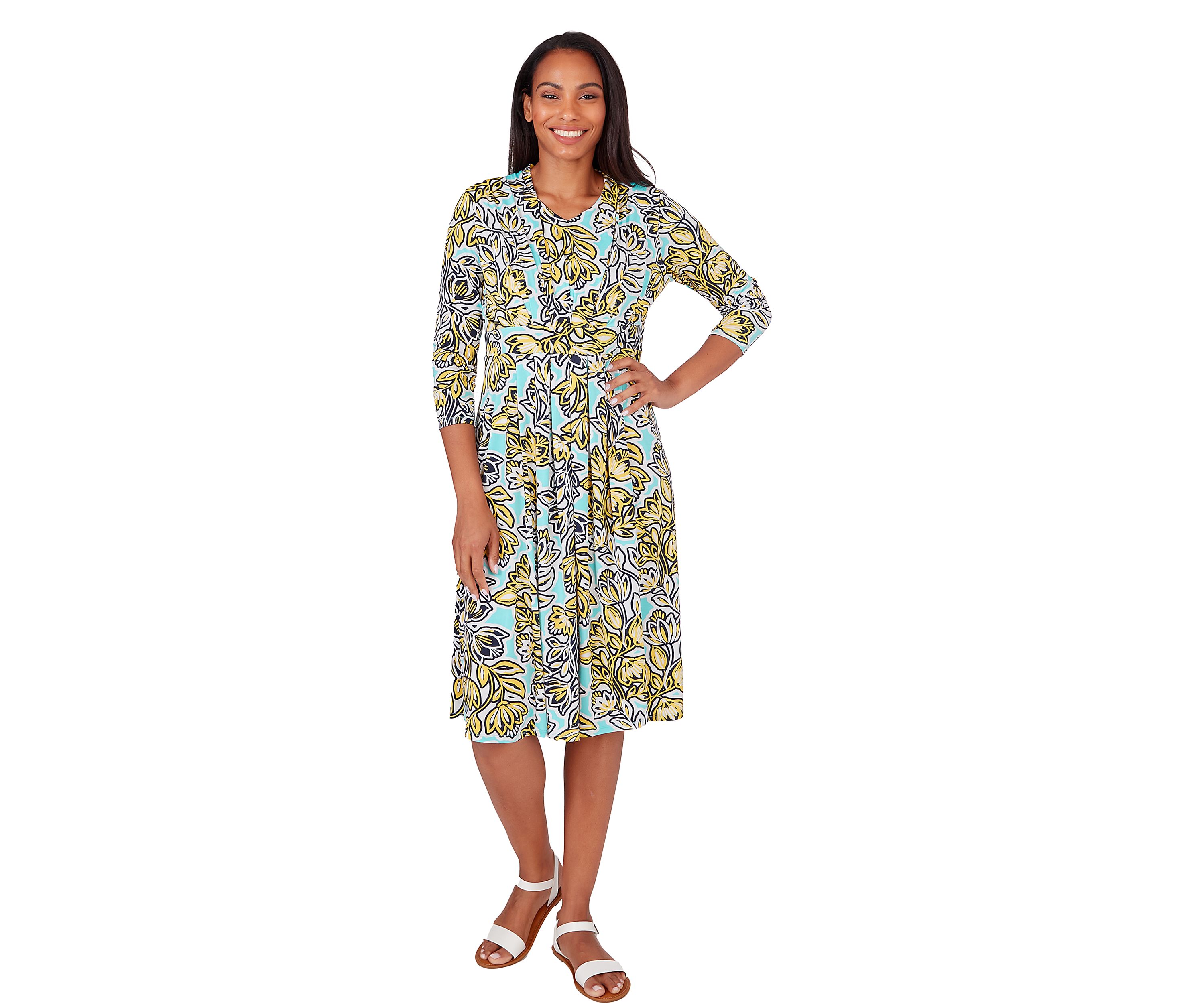 Womens V-Neck Floral Trellis Print Knit Shirt Dress
