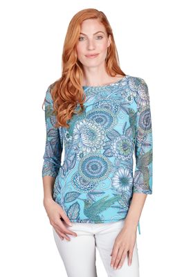 Women's Ballet Neck Hummingbird Garden Printed Mesh Top with Side Ruched Detail