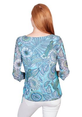 Women's Ballet Neck Hummingbird Garden Printed Mesh Top with Side Ruched Detail