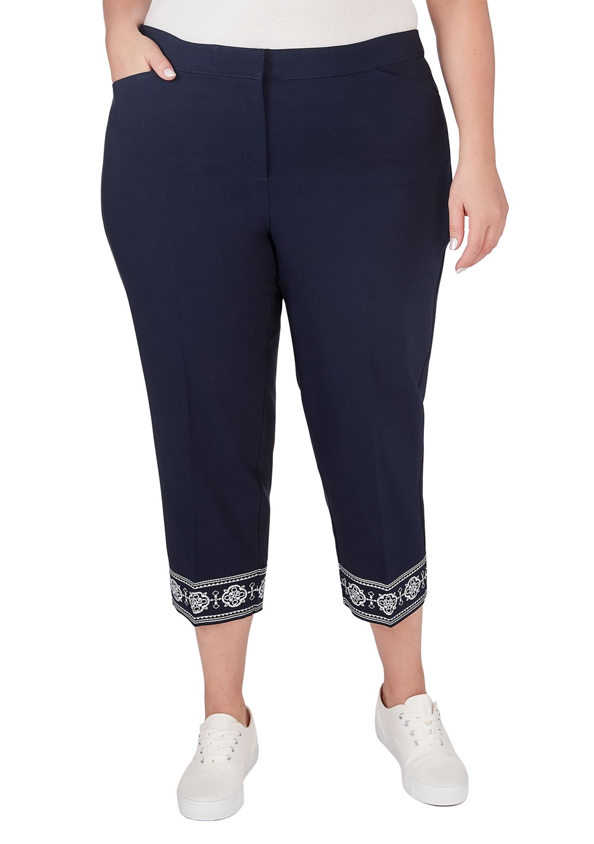 Plus Size Fly Front Double Face Ankle Pants with Embroidered Hem