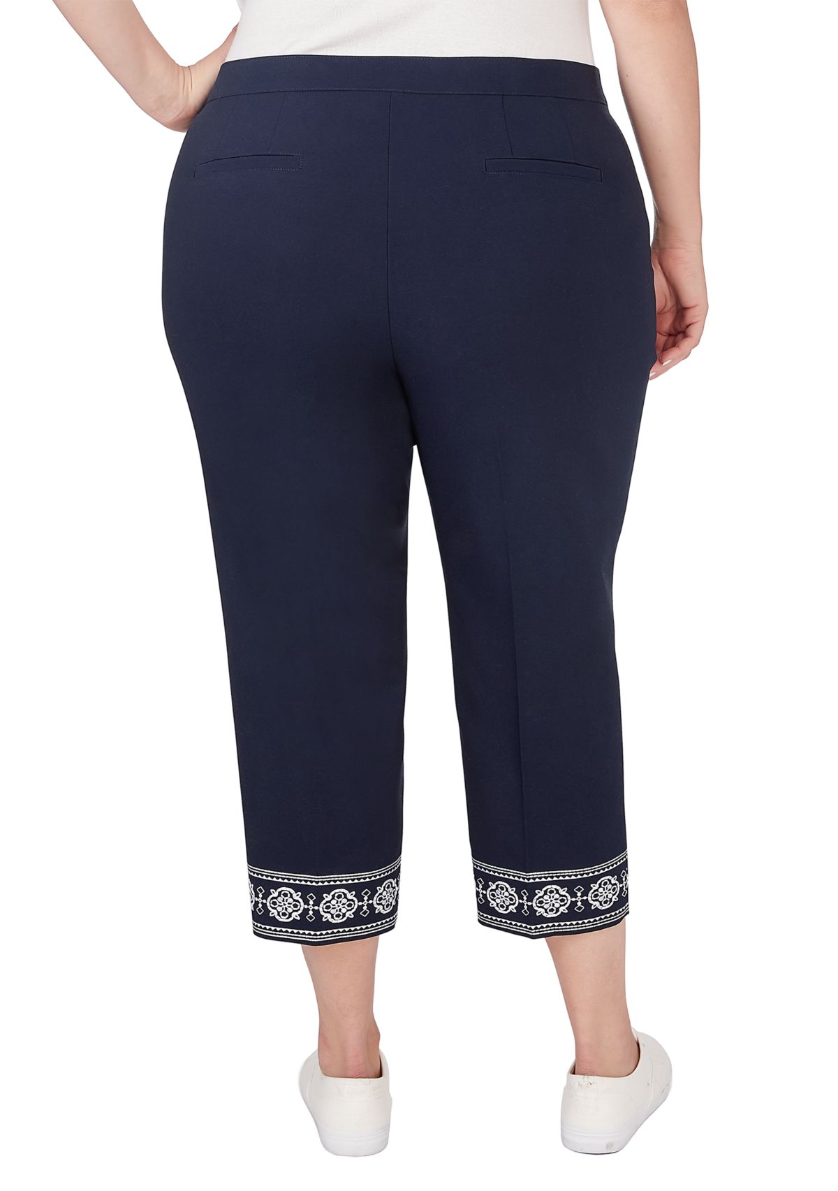 Plus Size Fly Front Double Face Ankle Pants with Embroidered Hem