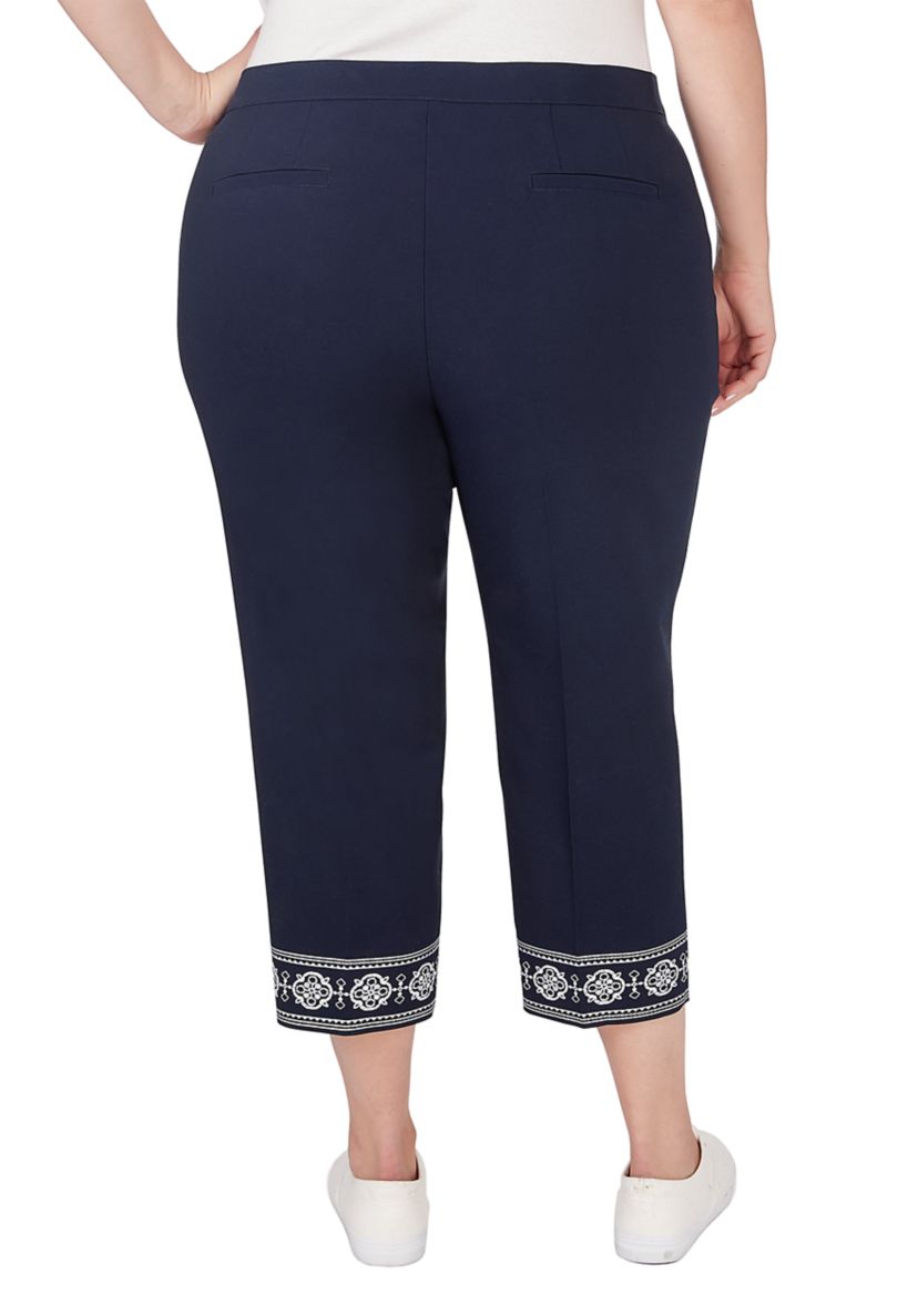 Plus Size Fly Front Double Face Ankle Pants with Embroidered Hem