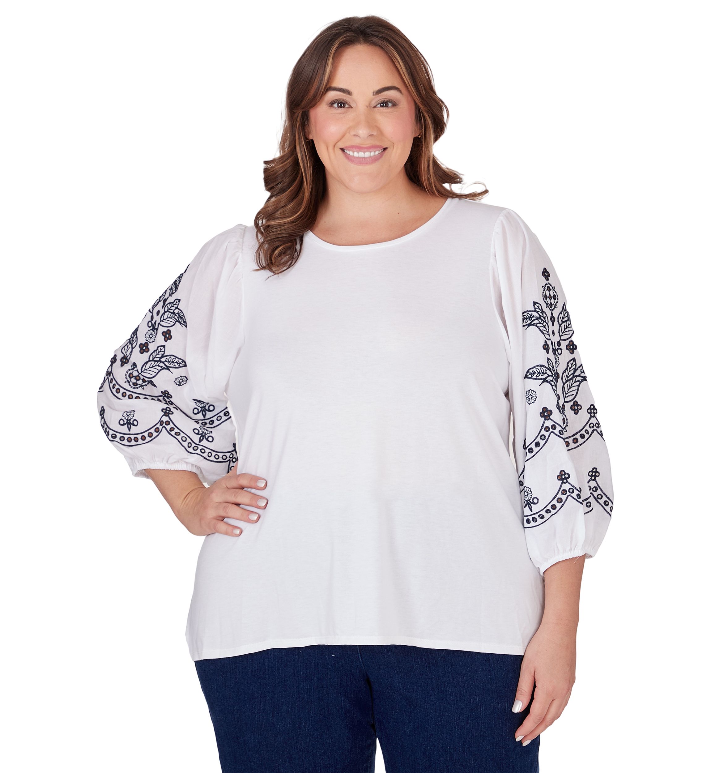 Plus Size Scoop Neck Solid Knit Top with Embroidered Sleeves