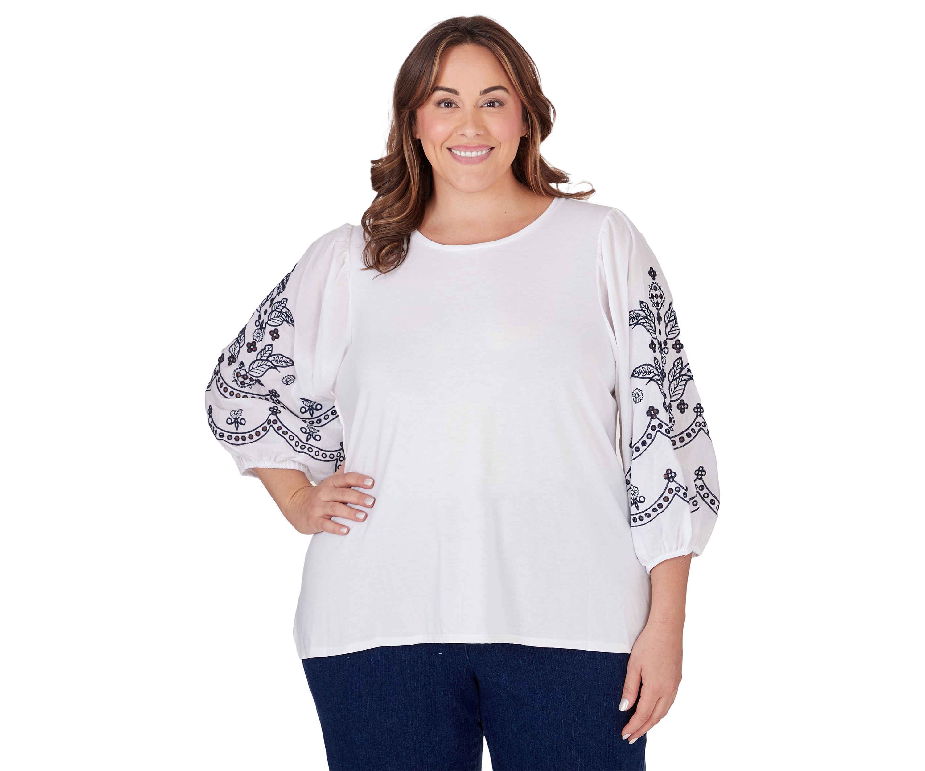 Plus Size Scoop Neck Solid Knit Top with Embroidered Sleeves