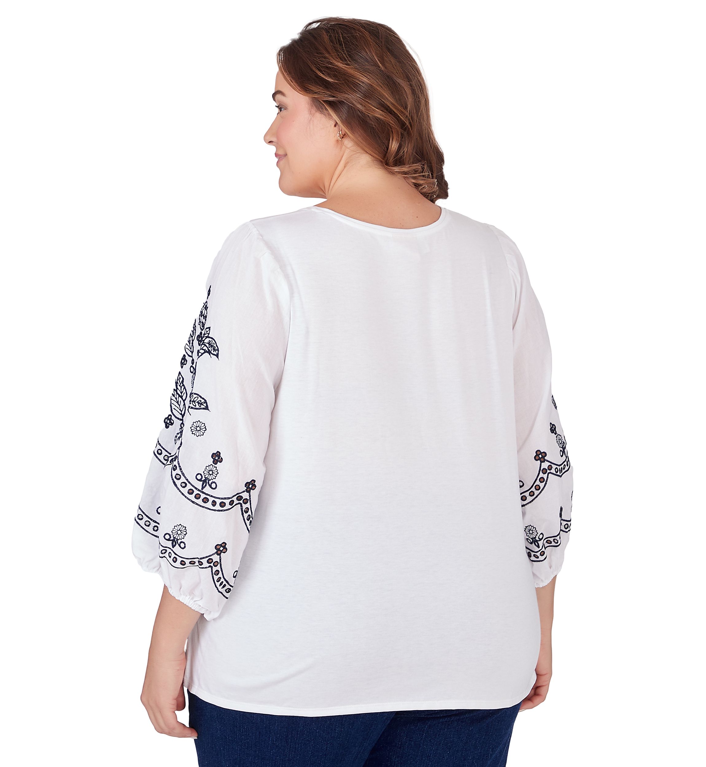 Plus Size Scoop Neck Solid Knit Top with Embroidered Sleeves