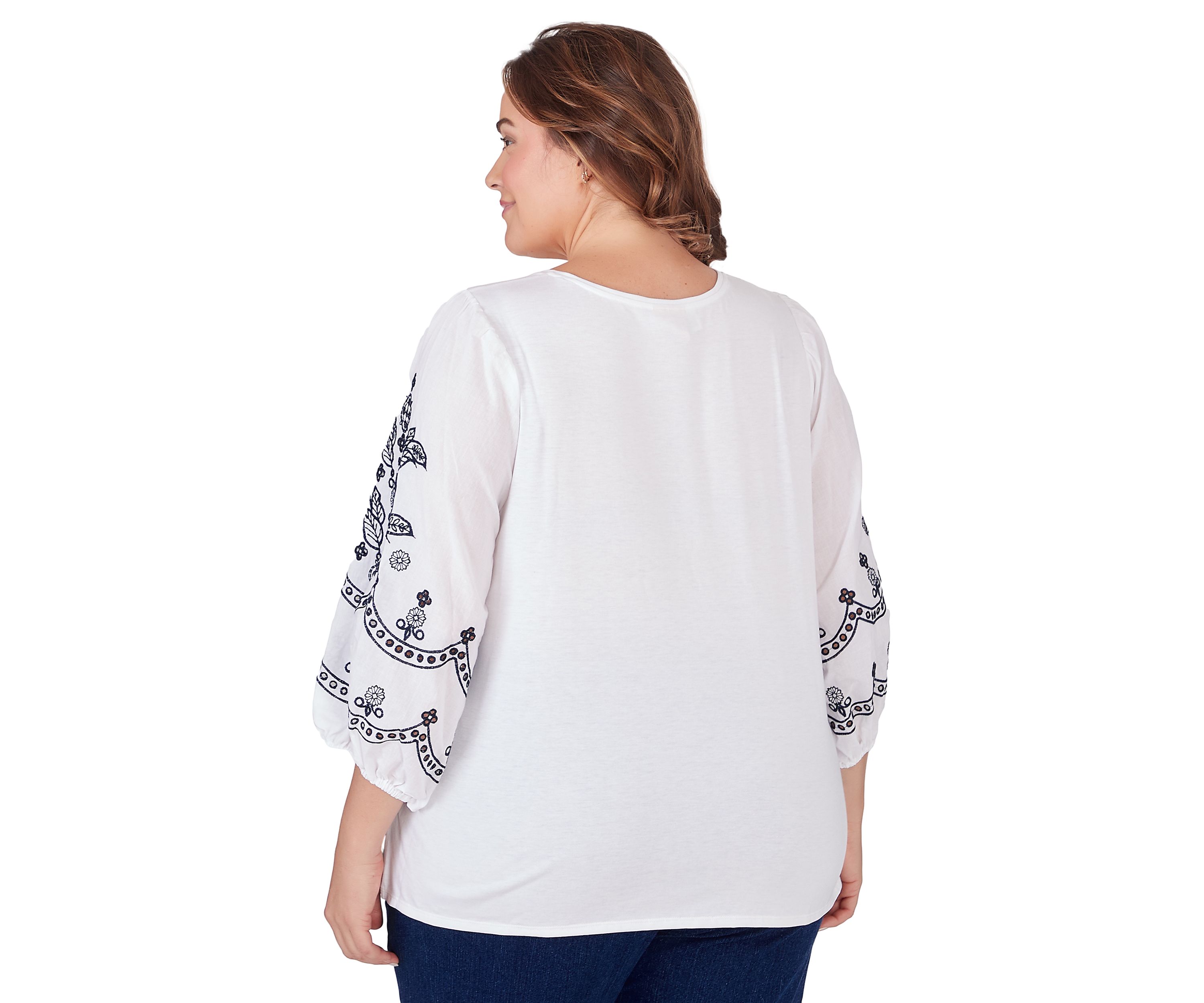Plus Size Scoop Neck Solid Knit Top with Embroidered Sleeves