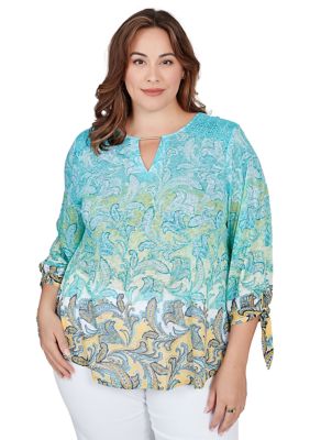 Scoop Neck with Bar Detail Ombre Paisley Printed Knit Top Shoulder Yoke Lace