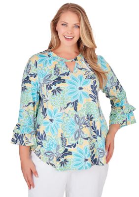 Plus Scoop Neck with Twisted Cutout Detail Bold Floral Puff Print Knit Top Featuring Tiered Ruffles