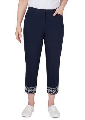 Ruby Rd Women's Petite Size Embroidered Hem Fly Front Ankle Pants